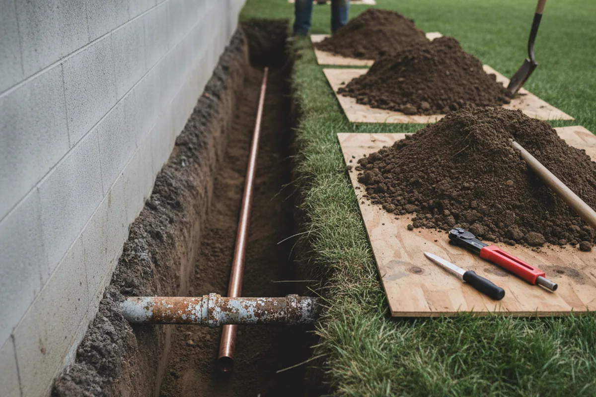 Excavated water line trench during Water Heater Repair in Massey